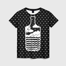 Женская футболка 3D с принтом Эликсир природы в Рязани, 100% полиэфир ( синтетическое хлопкоподобное полотно) | прямой крой, круглый вырез горловины, длина до линии бедер | beach | bottle | drink | elixir | nature | ocean | sea | sky | бутылка | коктейль | море | напиток | небо | океан | песок | пляж | природа | эликсир