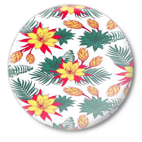 Значок с принтом Tropical Pattern в Рязани,  металл | круглая форма, металлическая застежка в виде булавки | flower | поле | тропики | тропический | цветочки | цветы
