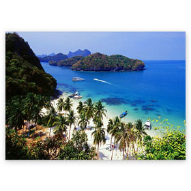 Поздравительная открытка с принтом Таиланд в Рязани, 100% бумага | плотность бумаги 280 г/м2, матовая, на обратной стороне линовка и место для марки
 | Тематика изображения на принте: beach | clouds | islands | palm trees | people | sand | sea | ships | sky | thailand | tourism | корабли | люди | море | небо | облака | острова | пальмы | песок | пляж | таиланд | туризм