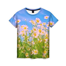 Женская футболка 3D с принтом Ромашка в Рязани, 100% полиэфир ( синтетическое хлопкоподобное полотно) | прямой крой, круглый вырез горловины, длина до линии бедер | Тематика изображения на принте: flower | лето | полевой цветок | цветочки | цветы