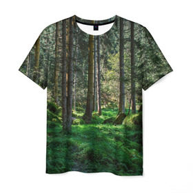 Мужская футболка 3D с принтом Темный лес в Рязани, 100% полиэфир | прямой крой, круглый вырез горловины, длина до линии бедер | Тематика изображения на принте: бор | деревья | ель | ельник | заповедник | камни | красивый | лес | лето | мох | мрачный | прекрасный | природа | флора | чудесный