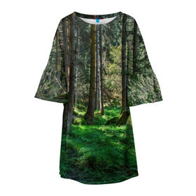 Детское платье 3D с принтом Темный лес в Рязани, 100% полиэстер | прямой силуэт, чуть расширенный к низу. Круглая горловина, на рукавах — воланы | бор | деревья | ель | ельник | заповедник | камни | красивый | лес | лето | мох | мрачный | прекрасный | природа | флора | чудесный