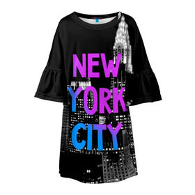 Детское платье 3D с принтом Нью-Йорк в Рязани, 100% полиэстер | прямой силуэт, чуть расширенный к низу. Круглая горловина, на рукавах — воланы | america | capital | city | lights | new york | night | skyscrapers | tourism | usa | америка | город | ночь | нью йорк | огни | столица | сша | туризм