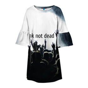 Детское платье 3D с принтом Punk not dead в Рязани, 100% полиэстер | прямой силуэт, чуть расширенный к низу. Круглая горловина, на рукавах — воланы | Тематика изображения на принте: punk not dead | бит | группа | драйв | дым | зал | концерт | музыка | надпись | панк | панк не умрет | панки | рок | слова | танцы | туман | тусовка | фраза | хой