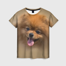 Женская футболка 3D с принтом Шпиц в Рязани, 100% полиэфир ( синтетическое хлопкоподобное полотно) | прямой крой, круглый вырез горловины, длина до линии бедер | shpic | животные | мордочка | пёс | рыжий | собака | собачка | язык