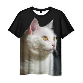 Мужская футболка 3D с принтом Белая и пушистая в Рязани, 100% полиэфир | прямой крой, круглый вырез горловины, длина до линии бедер | белый | взгляд | глаза | киска | кот | котёнок | кошка | пушистый