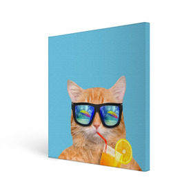 Холст квадратный с принтом котэ на отдыхе в Рязани, 100% ПВХ |  | кот | котик | лето | море | отдых | очки | пальмы | пляж | рыжий кот | солнце