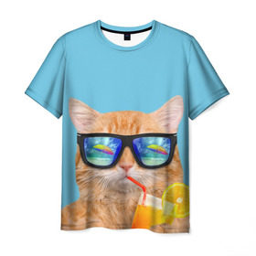 Мужская футболка 3D с принтом котэ на отдыхе в Рязани, 100% полиэфир | прямой крой, круглый вырез горловины, длина до линии бедер | кот | котик | лето | море | отдых | очки | пальмы | пляж | рыжий кот | солнце