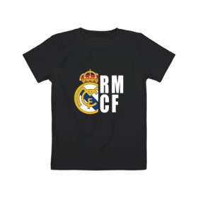 Детская футболка хлопок с принтом Real Madrid - RM/CF (Classic) в Рязани, 100% хлопок | круглый вырез горловины, полуприлегающий силуэт, длина до линии бедер | Тематика изображения на принте: cf | real | real madrid | rn | мадрид | реал | футбол