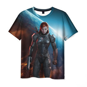 Мужская футболка 3D с принтом Mass Effect в Рязани, 100% полиэфир | прямой крой, круглый вырез горловины, длина до линии бедер | Тематика изображения на принте: n7 | shepard | галактика | жнец | космос | масс | нормандия | планета | шепард | эффект