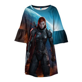 Детское платье 3D с принтом Mass Effect в Рязани, 100% полиэстер | прямой силуэт, чуть расширенный к низу. Круглая горловина, на рукавах — воланы | n7 | shepard | галактика | жнец | космос | масс | нормандия | планета | шепард | эффект