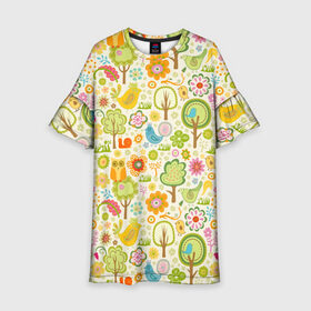 Детское платье 3D с принтом Райские кущи в Рязани, 100% полиэстер | прямой силуэт, чуть расширенный к низу. Круглая горловина, на рукавах — воланы | деревья | природа | птицы | сад | сова | цветы