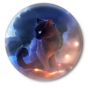 Значок с принтом Night cat в Рязани,  металл | круглая форма, металлическая застежка в виде булавки | Тематика изображения на принте: киска | кот | котёнок | кошка | небо | ночь | облака | огонь