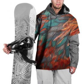 Накидка на куртку 3D с принтом Камуфляж перья в Рязани, 100% полиэстер |  | зеленые | красные | перья | птица
