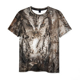 Мужская футболка 3D с принтом Камуфляж сова в Рязани, 100% полиэфир | прямой крой, круглый вырез горловины, длина до линии бедер | дерево | пернатая | птица | филин