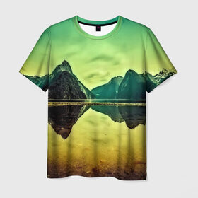 Мужская футболка 3D с принтом Новая Зеландия в Рязани, 100% полиэфир | прямой крой, круглый вырез горловины, длина до линии бедер | Тематика изображения на принте: humboldt | горы | деревья | долина | зелень | лес | небо | новая зеландия | облака | панорама | река | солнечно