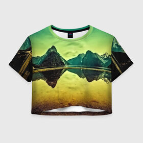 Женская футболка 3D укороченная с принтом Новая Зеландия в Рязани, 100% полиэстер | круглая горловина, длина футболки до линии талии, рукава с отворотами | Тематика изображения на принте: humboldt | горы | деревья | долина | зелень | лес | небо | новая зеландия | облака | панорама | река | солнечно