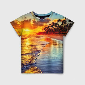 Детская футболка 3D с принтом Гавайи в Рязани, 100% гипоаллергенный полиэфир | прямой крой, круглый вырез горловины, длина до линии бедер, чуть спущенное плечо, ткань немного тянется | hawaii | гавайи | газон | горизонт | море | небо | облака | пальмы | побережье | скалы | солнце | сша | тропики