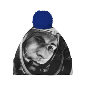 Шапка 3D c помпоном с принтом Юрий Гагарин в Рязани, 100% полиэстер | универсальный размер, печать по всей поверхности изделия | первый космонавт