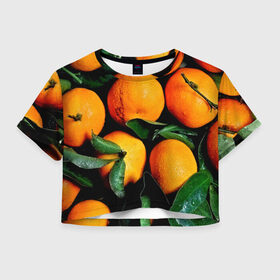Женская футболка 3D укороченная с принтом Мандаринчики в Рязани, 100% полиэстер | круглая горловина, длина футболки до линии талии, рукава с отворотами | зелень | оранжевый | цитрус | яркий