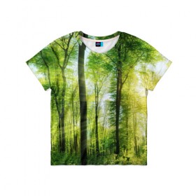 Детская футболка 3D с принтом Солнечный лес в Рязани, 100% гипоаллергенный полиэфир | прямой крой, круглый вырез горловины, длина до линии бедер, чуть спущенное плечо, ткань немного тянется | Тематика изображения на принте: деревья | зелень | лес | лето | лучи солнца | солнце | тайга