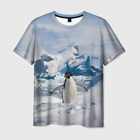 Мужская футболка 3D с принтом Пингвин в горах в Рязани, 100% полиэфир | прямой крой, круглый вырез горловины, длина до линии бедер | айсберг | антарктида | антарктика | арктика | буревестник | глупый | императорский | клюв | королевский | крылья | ласты | лёд | линукс | океан | пилигрим | полюс | птица | север | снег | умка | фрак