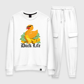 Женский костюм хлопок с принтом Duck Life в Рязани, 100% хлопок | на свитшоте круглая горловина, мягкая резинка по низу. Брюки заужены к низу, на них два вида карманов: два 