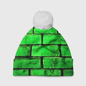 Шапка 3D c помпоном с принтом Зелёные кирпичики в Рязани, 100% полиэстер | универсальный размер, печать по всей поверхности изделия | Тематика изображения на принте: 3d | зелёные кирпичики | камень | краска | текстуры
