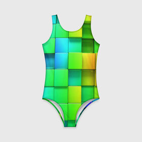 Детский купальник 3D с принтом Пазлы в Рязани, Полиэстер 85%, Спандекс 15% | Слитный крой, подклад по переду изделия, узкие бретели | Тематика изображения на принте: абстракция | годнота | зеленый. кубы | пазлы | радуга | яркий
