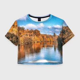 Женская футболка 3D укороченная с принтом Река в Рязани, 100% полиэстер | круглая горловина, длина футболки до линии талии, рукава с отворотами | Тематика изображения на принте: берег | вода | деревья | лес | небо | осень | природа | река