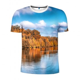Мужская футболка 3D спортивная с принтом Река в Рязани, 100% полиэстер с улучшенными характеристиками | приталенный силуэт, круглая горловина, широкие плечи, сужается к линии бедра | Тематика изображения на принте: берег | вода | деревья | лес | небо | осень | природа | река