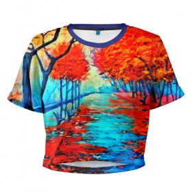 Женская футболка 3D укороченная с принтом Autumn в Рязани, 100% полиэстер | круглая горловина, длина футболки до линии талии, рукава с отворотами | Тематика изображения на принте: 3d | вода | деревья | другие | желтый | живопись | картинка | краски | листья | осень | пейзаж | прикольные | природа | река | рисунок | яркие