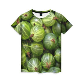 Женская футболка 3D с принтом Крыжовник в Рязани, 100% полиэфир ( синтетическое хлопкоподобное полотно) | прямой крой, круглый вырез горловины, длина до линии бедер | еда | зеленый | крыжовник | растения | текстура | фрукты | ягоды