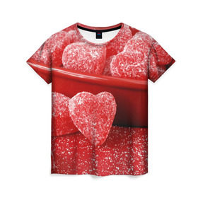 Женская футболка 3D с принтом Мармеладные сердца в Рязани, 100% полиэфир ( синтетическое хлопкоподобное полотно) | прямой крой, круглый вырез горловины, длина до линии бедер | еда | конфеты | красный | мармелад | сердечки | сладости