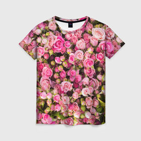 Женская футболка 3D с принтом Розовый рай в Рязани, 100% полиэфир ( синтетическое хлопкоподобное полотно) | прямой крой, круглый вырез горловины, длина до линии бедер | бутон | лепестки | роза | розовый | розочка | цветок | цветы