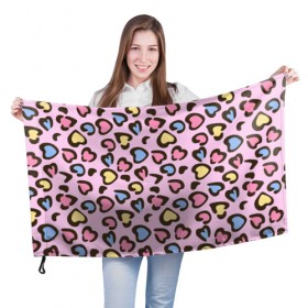 Флаг 3D с принтом Леопардовые сердечки в Рязани, 100% полиэстер | плотность ткани — 95 г/м2, размер — 67 х 109 см. Принт наносится с одной стороны | Тематика изображения на принте: животные | леопард | леопардовый | принт | розовый | сердечко | сердце | текстура