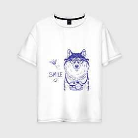Женская футболка хлопок Oversize с принтом Smile в Рязани, 100% хлопок | свободный крой, круглый ворот, спущенный рукав, длина до линии бедер
 | smile | лето | очки | пчела | смайл | улыбка | фотоаппарат | хаски. маламут