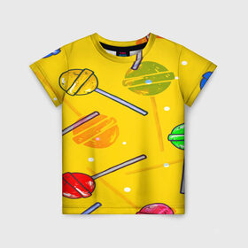 Детская футболка 3D с принтом Леденец в Рязани, 100% гипоаллергенный полиэфир | прямой крой, круглый вырез горловины, длина до линии бедер, чуть спущенное плечо, ткань немного тянется | желтая | чупа чупс | яркая | ярт