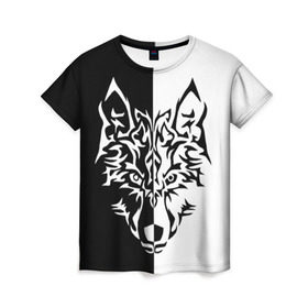 Женская футболка 3D с принтом Двуликий волк в Рязани, 100% полиэфир ( синтетическое хлопкоподобное полотно) | прямой крой, круглый вырез горловины, длина до линии бедер | монохромный | тату | черно белый