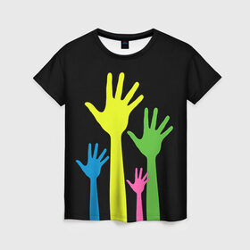 Женская футболка 3D с принтом Руки вверх! в Рязани, 100% полиэфир ( синтетическое хлопкоподобное полотно) | прямой крой, круглый вырез горловины, длина до линии бедер | светящиеся | флуоресцентный | флюр | флюровый