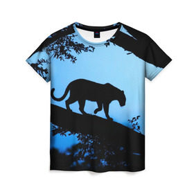 Женская футболка 3D с принтом Чёрная пантера в Рязани, 100% полиэфир ( синтетическое хлопкоподобное полотно) | прямой крой, круглый вырез горловины, длина до линии бедер | Тематика изображения на принте: африка | вечер | дерево | дикая кошка | закат | леопард | сафари | ягуар