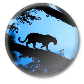 Значок с принтом Чёрная пантера в Рязани,  металл | круглая форма, металлическая застежка в виде булавки | Тематика изображения на принте: африка | вечер | дерево | дикая кошка | закат | леопард | сафари | ягуар