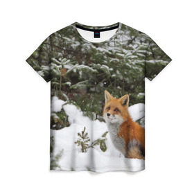 Женская футболка 3D с принтом Лиса в зимнем лесу в Рязани, 100% полиэфир ( синтетическое хлопкоподобное полотно) | прямой крой, круглый вырез горловины, длина до линии бедер | fox | животное | зверь | красивая | лес | лис | лиса | лисенок | лисица | лисичка | мех | патрикеевна | песец | плутовка | прикольная | природа | рыжая | рыжий цвет | сказка | хвост | хитрая | хищник