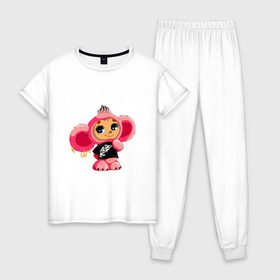 Женская пижама хлопок с принтом Чебурашка в Рязани, 100% хлопок | брюки и футболка прямого кроя, без карманов, на брюках мягкая резинка на поясе и по низу штанин | тату | хиппи | эмо