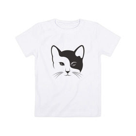 Детская футболка хлопок с принтом Кисонька в Рязани, 100% хлопок | круглый вырез горловины, полуприлегающий силуэт, длина до линии бедер | абстракция | белое | инь ян | инь янь | киса | кисонька | котик | кошак | кошка | чёрно белая | черное