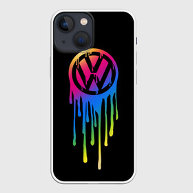 Чехол для iPhone 13 mini с принтом Volkswagen в Рязани,  |  | brand | bright | car | color | drops | flow | germany | logo | rainbow | sign | spectrum | volkswagen | автомобиль | германия | знак | капли | логотип | марка | радуга | спектр | течет | цвет | яркий