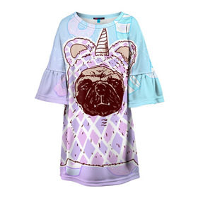 Детское платье 3D с принтом мопс-единорог в Рязани, 100% полиэстер | прямой силуэт, чуть расширенный к низу. Круглая горловина, на рукавах — воланы | dog | mops | tmblr | tumbler | unicorn | единорог | мопс