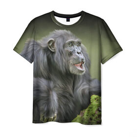 Мужская футболка 3D с принтом Шимпанзе в Рязани, 100% полиэфир | прямой крой, круглый вырез горловины, длина до линии бедер | животные | обезьяна 