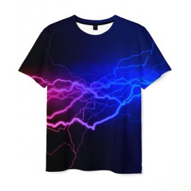 Мужская футболка 3D с принтом Столкновение энергии в Рязани, 100% полиэфир | прямой крой, круглый вырез горловины, длина до линии бедер | молния | разряд | электричество | яркий