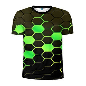Мужская футболка 3D спортивная с принтом Кислотные соты в Рязани, 100% полиэстер с улучшенными характеристиками | приталенный силуэт, круглая горловина, широкие плечи, сужается к линии бедра | technology | кислотный | паттерн | соты | яркий